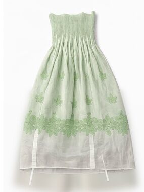 Mint Green Smocked Strapless Dress Boho Embroidered Sheer Midi OS